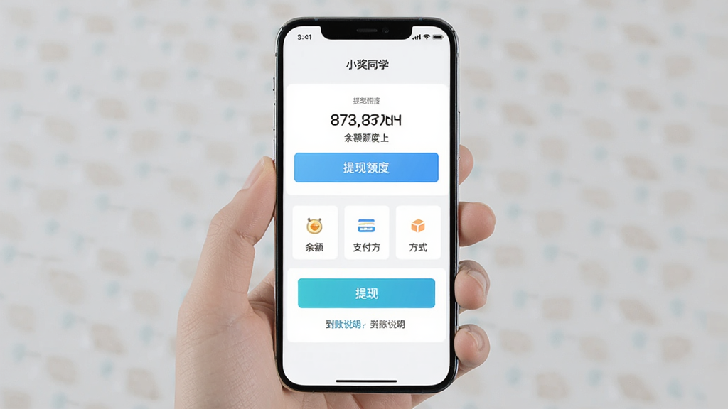 小奖同学帮提现页面展示,主体为手机屏幕居中构图,屏幕上显示提现额度选择按钮与支付方式图标,布局为上下结构,排版简洁,风格为清爽浅色系UI,细节包含余额数字、提现按钮与到账说明文字,画质高清干净,无杂乱元素