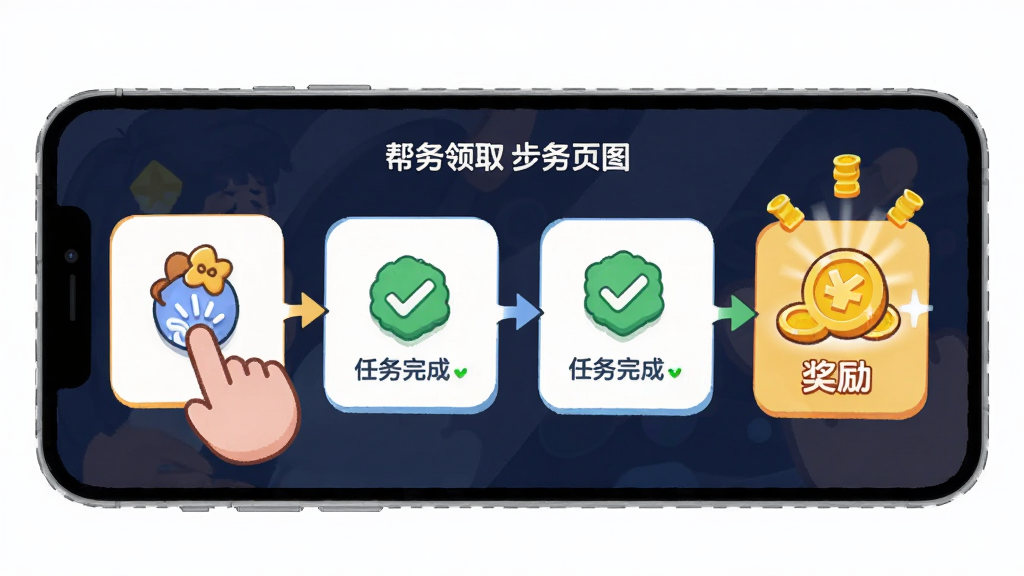 小奖同学帮新手操作引导页面,主体为手机屏幕展示任务领取步骤示意图,布局为分步卡片式排列,排版从左到右依次递进,风格为明亮活泼的插画风,细节包含手指点击图标、任务完成勾选标记与奖励金币动画,画质清晰干净,无多余装饰
