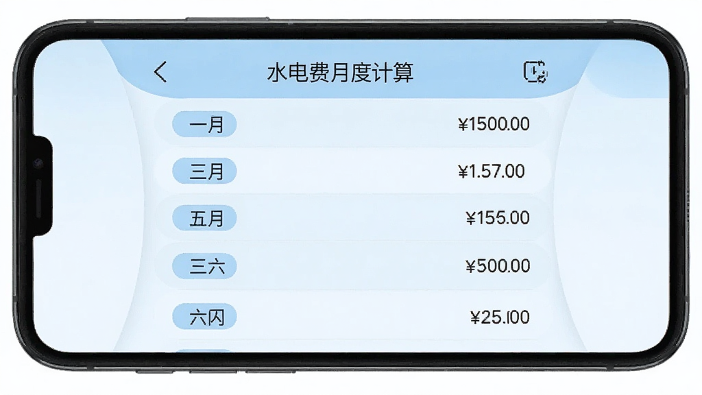 手机屏幕展示“水电费月度计算”月度账单列表页面,列表中包含一月到六月的水电费用条目,每条记录带有月份标签与金额,界面排版整齐,浅蓝色调,风格简约,画质清晰,干净无多余元素