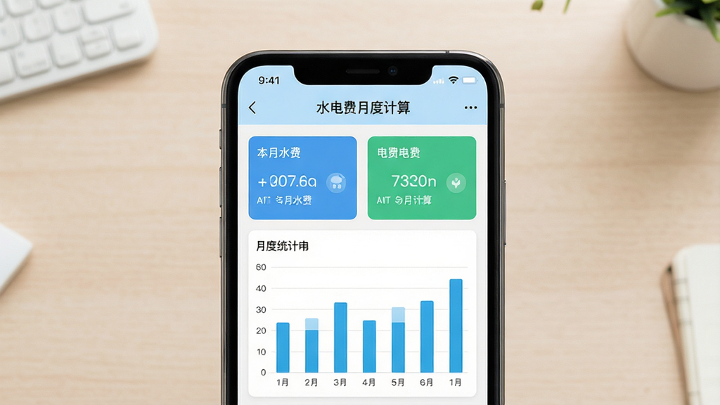 软件主界面截图,画面中央为手机屏幕,屏幕内展示“水电费月度计算”应用首页,包含本月水费、电费金额卡片与月度统计柱状图,背景为浅色家居桌面,风格清新简洁,画质清晰,干净无多余元素