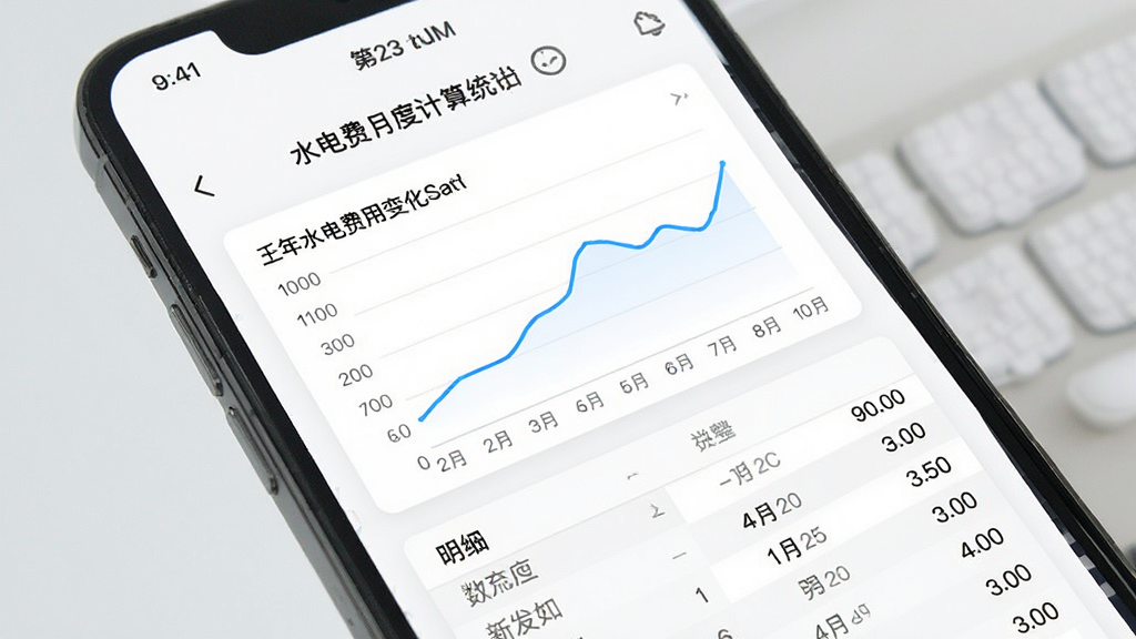 手机屏幕显示“水电费月度计算”历史数据统计页面,画面中有折线图展示近半年水电费用变化趋势,图表下方有数据明细列表,背景为白色卡片式布局,风格现代简洁,画质清晰,干净无多余元素