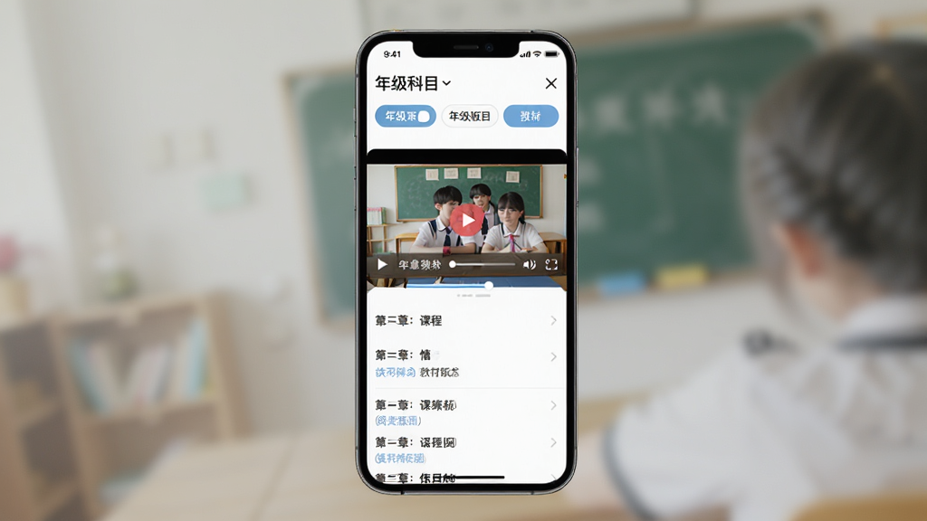 简单一百同步课程学习界面,主体为手机屏幕展示课程列表与播放画面,布局为居中竖屏构图,排版上方为年级科目选择栏、中部为视频播放区、下方为章节列表,风格为清爽教育类UI设计,细节包含教材版本标签与进度条,画质清晰干净无多余元素