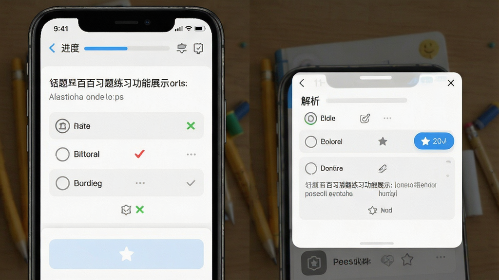 简单一百习题练习功能展示,主体为手机界面中的答题页面与解析弹窗,布局为左右分栏展示题目与解析,排版顶部为进度提示、中部为题干选项、底部为解析区域,风格为简洁学习工具风,细节包含对错标记与错题收藏按钮,画质清晰干净无多余元素