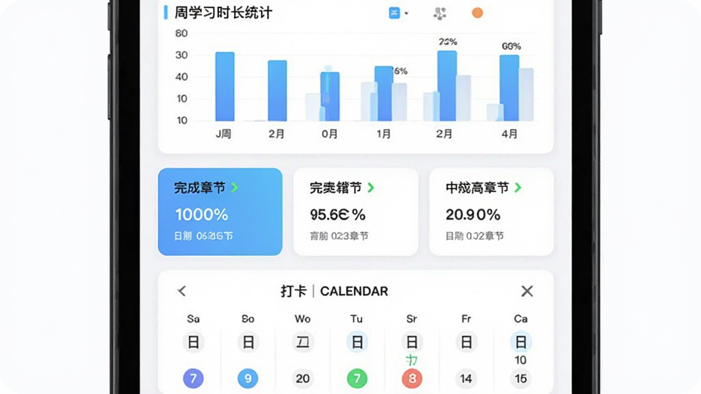 简单一百学习记录页面,主体为手机屏幕展示数据统计图表与学习日历,布局为上下结构,排版上方为周学习时长柱状图、中部为完成章节卡片、下方为日历打卡区,风格为清新数据可视化风格,细节包含百分比与日期标注,画质清晰干净无多余元素