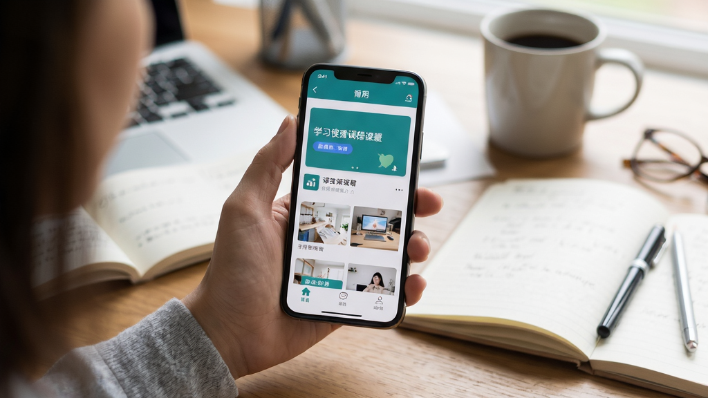 简单一百移动端使用场景,主体为手持手机展示学习应用界面,布局为人物手部与手机特写,排版手机屏幕居中显示课程页面,风格为真实生活场景摄影风,细节包含桌面学习环境与笔记元素,画质清晰干净无多余元素