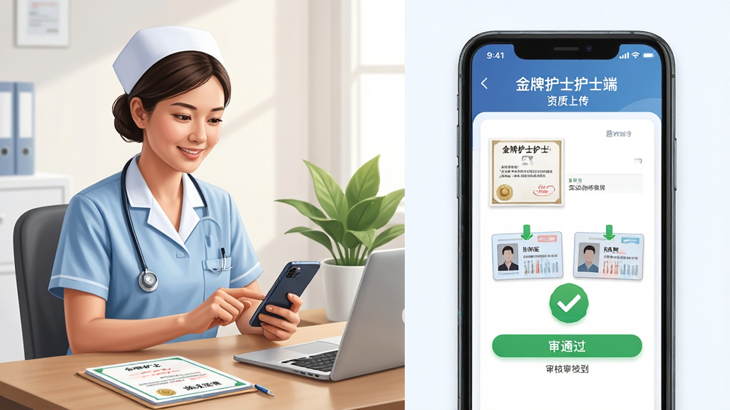 画面主体为一名护士坐在书桌前使用手机完成实名认证操作,布局采用左右分栏,左侧为护士人物半身像,右侧为手机界面特写展示“金牌护士护士端”的资质上传页面与审核通过标识,排版清晰直观,风格为写实商务插画,细节包含执业证书、身份证件、绿色对勾图标、桌面上的笔记本电脑与绿植,画质高清干净,无多余元素