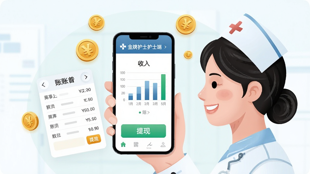 画面主体为护士手持手机查看收益统计页面,布局采用居中构图,手机屏幕占据画面中心,周围悬浮展示金币图标、账单列表与提现按钮,排版简洁明了,风格为清新商务插画,细节包含“金牌护士护士端”标识、柱状收入图、绿色提现按钮、护士微笑侧脸,画质干净高清,无多余元素