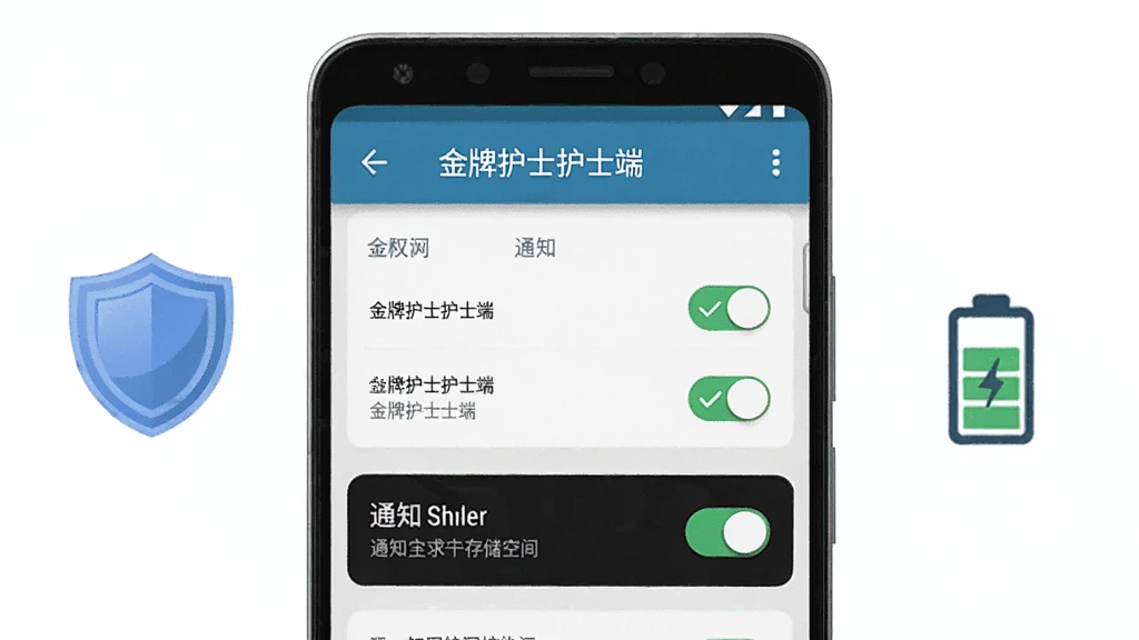画面主体为一部安卓手机屏幕展示应用权限设置页面与通知开关,布局采用居中特写构图,手机两侧悬浮显示盾牌图标与电池图标,排版简洁清晰,风格为科技说明类插画,细节包含“金牌护士护士端”文字、权限开关按钮、绿色对勾、存储空间示意图,画质干净高清,无多余元素