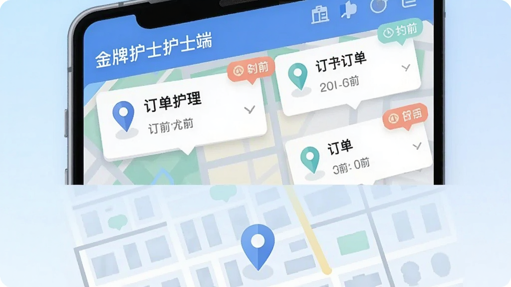 画面主体为一部竖屏智能手机展示地图界面与多个护理订单气泡,布局以上下结构呈现,上方为手机屏幕特写,下方为城市街区简化地图背景,排版突出订单推送与定位图标,风格为科技感扁平插画,细节包含“金牌护士护士端”文字、定位针、订单卡片、时间标签、淡蓝色渐变背景,画质清晰干净,无多余元素