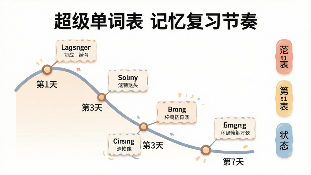 画面主体是一张横向展开的记忆曲线示意图,曲线从左上向右下延伸并在关键节点标注圆点,每个圆点旁连接一张小单词卡片;布局为左图右文,左侧曲线占画面三分之二,右侧竖排三个状态标签;风格为信息图插画,线条柔和;细节上曲线节点旁标注“第1天”“第3天”“第7天”等时间字样,单词卡片上写有英文单词与中文释义,顶部标题文字为“超级单词表 记忆复习节奏”;画质清晰,背景干净,无杂乱装饰。</p>