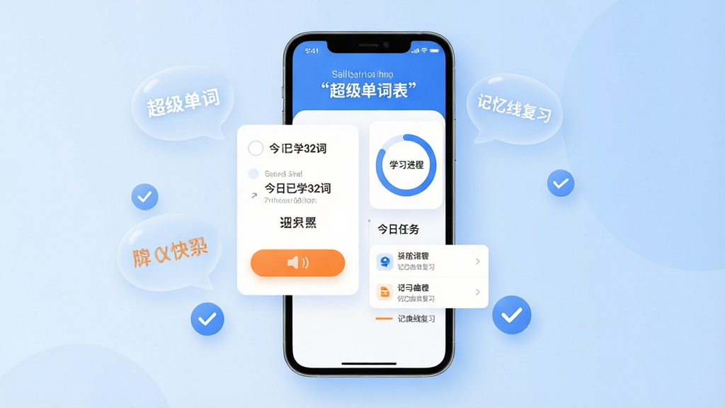 画面主体是一部竖屏智能手机,屏幕中央展示“超级单词表”应用主界面,左侧是单词卡片与发音按钮,右侧是学习进度环形图与今日任务列表;布局采用居中对称构图,手机悬浮在浅蓝渐变背景上方,周围点缀半透明的单词气泡与对勾图标;排版清晰,图标与文字分区明确;风格为现代扁平化UI插画,配色清爽以蓝白为主、辅以少量橙色强调;细节上屏幕内文字使用引号标注“超级单词表”“今日已学32词”“记忆曲线复习”;画质高清,画面干净,无多余元素,适合软件下载站配图。</p>