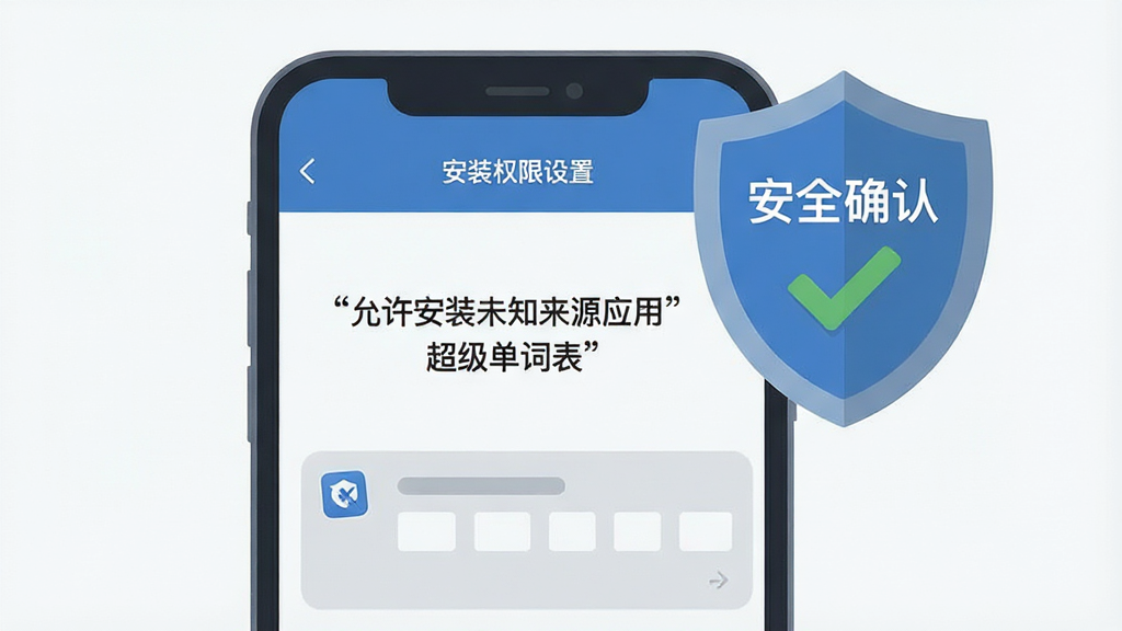 画面主体是一部手机屏幕展示安装权限设置界面,旁边悬浮一个盾牌图标与对勾标记;布局为手机居中、盾牌位于右上方;风格为扁平化提示插画,配色以蓝灰为主;细节上屏幕内文字使用引号标注“允许安装未知来源应用”“超级单词表”,盾牌上写“安全确认”;画质清晰,背景简洁,无多余装饰元素。</p>