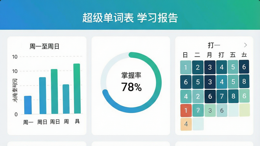 画面主体是手机屏幕内的数据统计页面,包含柱状图、环形进度圈和日历打卡热力图三种图表并排展示;布局为上下结构,上方是标题栏文字“超级单词表 学习报告”,下方三块图表等宽排列;风格为简洁数据可视化界面,配色以蓝绿为主;细节上柱状图标注“周一至周日”,环形圈中心写“掌握率 78%”,热力图上散布深浅不一的方块;画质高清,界面干净,无多余元素。</p>