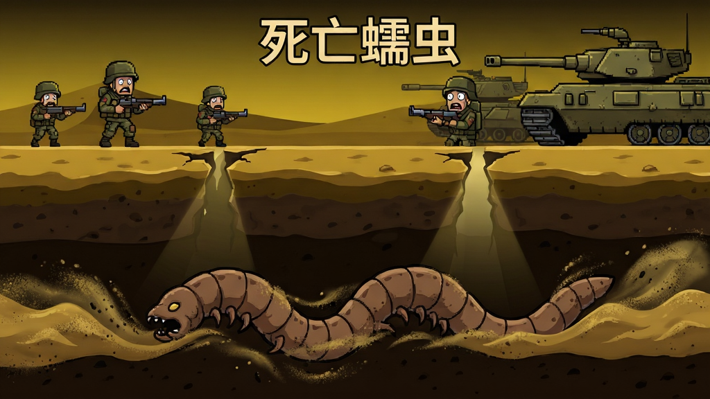 沙漠地下剖面视角,一条死亡蠕虫在沙层中穿行,上方地表有士兵和坦克正在巡逻;布局为上下分层结构,上层地表、下层地底;风格为2D横版游戏场景插画,色调暗黄与深棕对比;细节包括蠕虫身体周围的沙粒流动纹理、地表裂缝透下的光线、士兵惊恐表情;画质清晰,干净无多余元素,图片中文字为“死亡蠕虫”