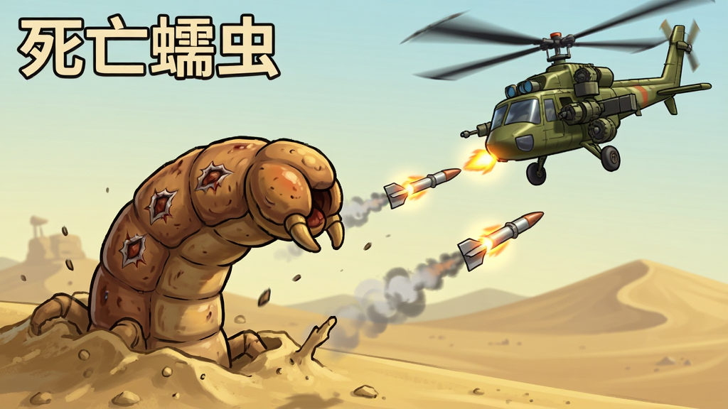 死亡蠕虫面对一架武装直升机的战斗场景,巨虫从沙地中竖起身体,直升机发射导弹;布局为对角线构图,蠕虫在左下、直升机在右上;风格为美式卡通渲染游戏画面,色调以土黄、军绿、火光橙为主;细节包括导弹尾烟、蠕虫体表弹痕、背景沙丘轮廓;画质精细,干净无多余元素,图片中文字为“死亡蠕虫”