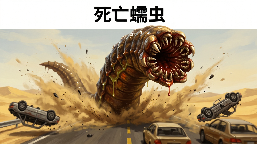 画面主体为一条巨大的沙漠死亡蠕虫从黄沙中腾空跃起,张开布满环形利齿的口器,周围是荒凉的沙漠公路与 fleeing 的车辆;布局采用中心构图,巨虫占据画面中央偏上位置,下方沙尘飞扬;排版上方留白用于放置软件名称文字;风格为写实厚涂游戏宣传画风,色调以沙黄、暗褐、血橙为主;细节包括蠕虫体表的黏液反光、沙粒飞溅轨迹、远处被掀翻的汽车残骸;画质高清,干净利落,无多余元素,图片中文字为“死亡蠕虫”