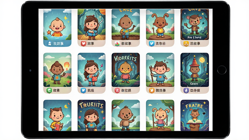 一个打开的口袋故事HD应用界面展示丰富的故事分类卡片,画面主体为平板屏幕上的故事封面墙,布局采用网格排列展示多样故事主题,风格清新卡通,细节包含色彩缤纷的故事图标与分类标签,画质高清干净无多余元素