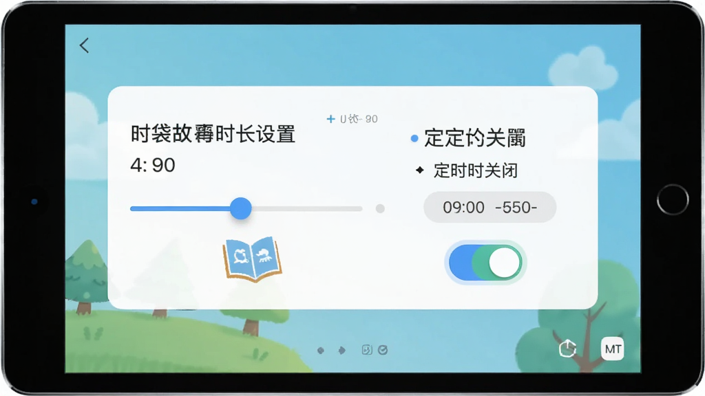 口袋故事HD家长管控界面示意图,画面主体为平板屏幕上显示的时长设置与定时关闭面板,布局简洁清晰突出管控选项,风格现代简约,细节包含时间滑块与开关按钮图标,画质干净明亮无多余元素