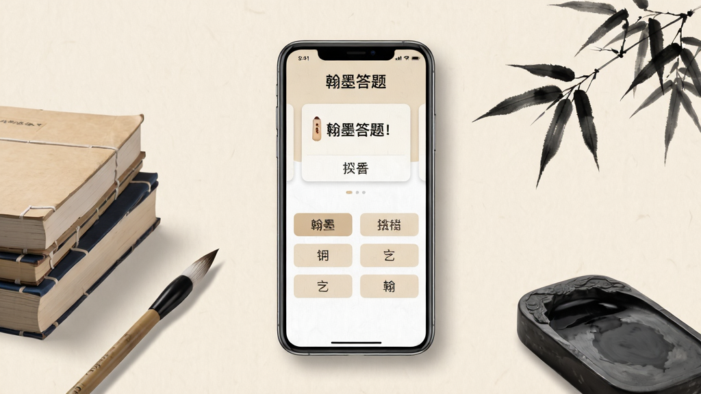 画面中央放置一部竖屏手机,手机屏幕显示“翰墨答题”答题界面,上方有题目卡片与四个选项按钮,手机左侧摆放一摞书本与一支毛笔,右侧点缀水墨风格的竹叶与砚台,整体采用浅米色背景,布局居中对称,风格清新简约,细节包含柔和阴影与细腻纸纹,画质清晰干净,无多余元素