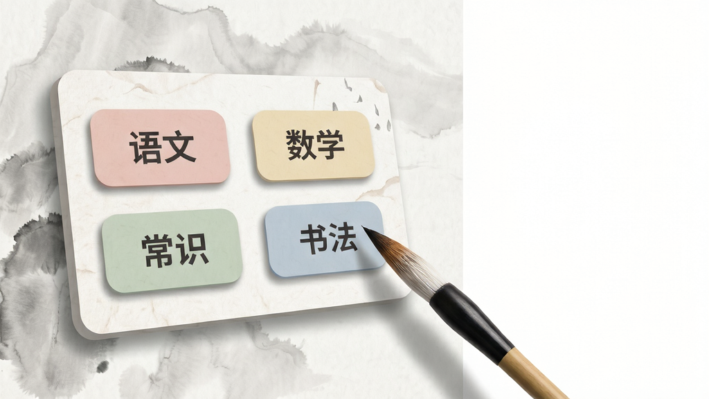 画面主体为一块悬浮的知识分类面板,面板上排列“语文”“数学”“常识”“书法”等标签卡片,卡片以圆角矩形呈现,配色柔和,背景为淡雅水墨纹理,右侧有一支毛笔轻轻点触面板,布局左侧面板右侧留白,风格简洁明快,细节包含轻微投影与纸张质感,画质清晰干净,无多余元素
