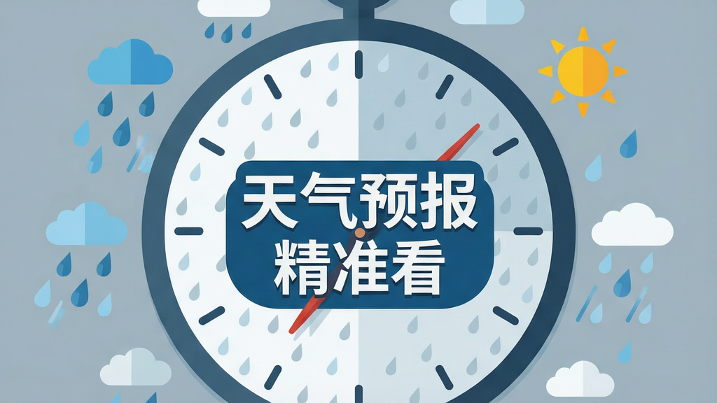 一张信息图表风格的数字插画,画面主体是一个巨大的时钟表盘,表盘外圈环绕着雨滴、云朵和太阳的图标,表盘中央显示着“天气预报精准看”的文字标识。背景是柔和的灰蓝色,图表线条简洁流畅,采用扁平化设计风格,色彩对比鲜明,文字清晰可读,整体画面干净利落,无多余装饰元素,画质细腻。