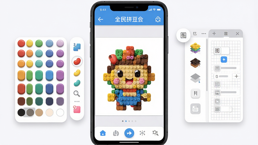 ȫ��ƴ����Ӧ��������չʾ������Ϊһ��������׿�ֻ�����Ļ�ڳ���ƴ��ͼֽ�༭ҳ�棬���������ǲ�ɫƴ������ƴ�ɵĿ�ͨͼ�������Ϊɫ�幤�������Ҳ�Ϊͼ��������������壬����������Ϊ�������������в����������ײ����ܰ�ť���Ű�������½ṹ�����Ϊ��ˬ��ƽ��UI��ƣ�ϸ�ڰ���Բ��ͼ�ꡢ�����Ӱ���߱��Ͷ����ʸУ����ʸ��壬����ɾ����޶���Ԫ��