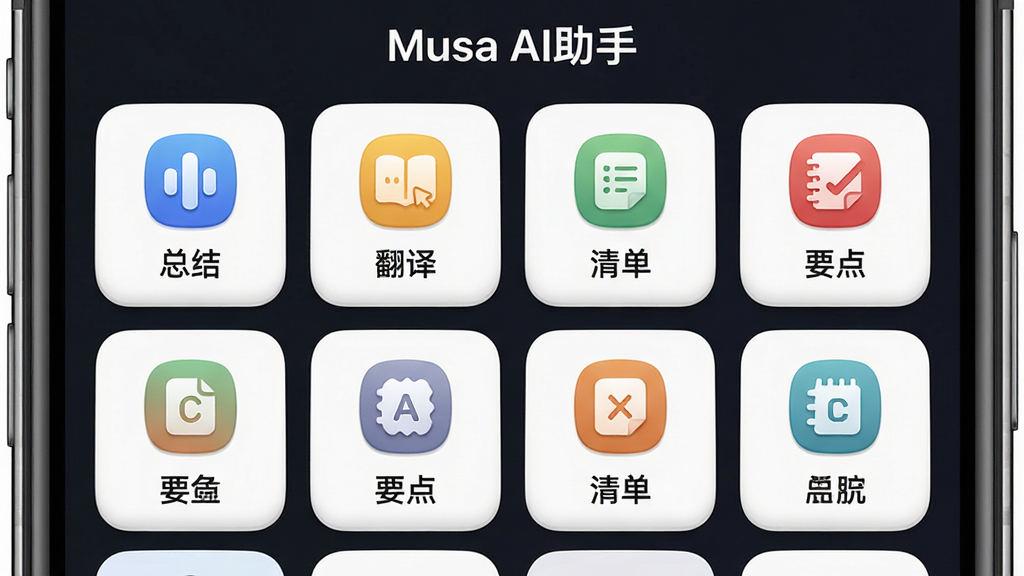 Musa AI���ֿ��ָ�����չʾͼ������Ϊ�ֻ���Ļ�ϵĹ��ܿ�Ƭ���񣬿�Ƭ�Ϸֱ��ע�ܽᡢ���롢�嵥��Ҫ���ͼ�꣬������ʾ��Musa AI���֡����⣬����Ϊ����Ĺ������У���������ϸ�ڰ�����ɫͼ����Բ�ǿ�Ƭ�����ʸ��壬�ɾ����޶���Ԫ��