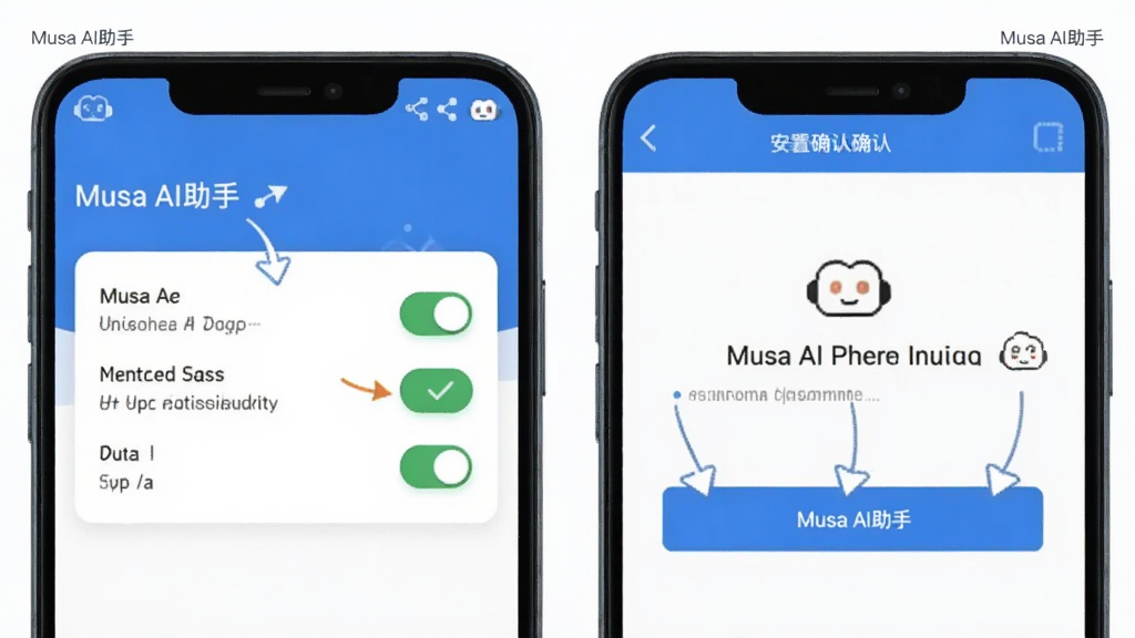 Musa AI���ְ�׿�ֻ���װ���ò���ʾ��ͼ������Ϊ�ֻ���Ļ����չʾȨ�޿����밲װȷ�Ͻ��棬��Ļ�����ע��Musa AI���֡�С�֣�����Ϊ���ҶԱ�ʽ���������Ϣͼ��ϸ�ڰ�����ѡͼ������ʾ��ͷ�������������ɾ����޶���Ԫ��