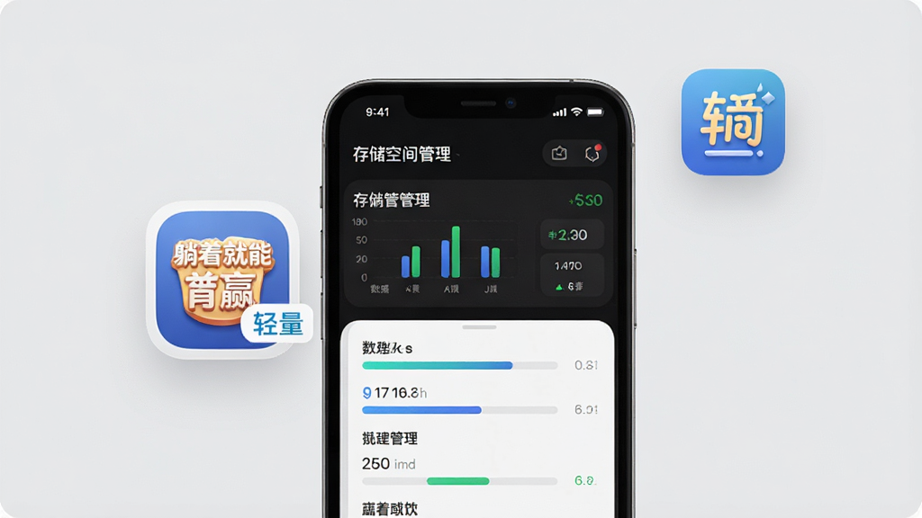 一部手机屏幕显示存储空间管理界面,旁边悬浮着“躺着就能赢”应用图标和轻量标签,布局为手机居中、图标环绕,风格为科技简约风,细节上图标设计精致、数据条清晰,画质干净明亮,背景为纯色浅灰,无多余元素