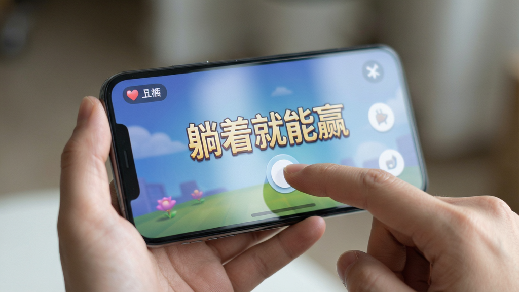 一只手轻松握持手机,屏幕显示“躺着就能赢”游戏界面,手指正进行简单点击动作,画面布局为手部特写与手机屏幕各占一半,风格为写实清新,细节上手指动作自然、屏幕反光柔和,画质高清干净,背景虚化无杂乱元素