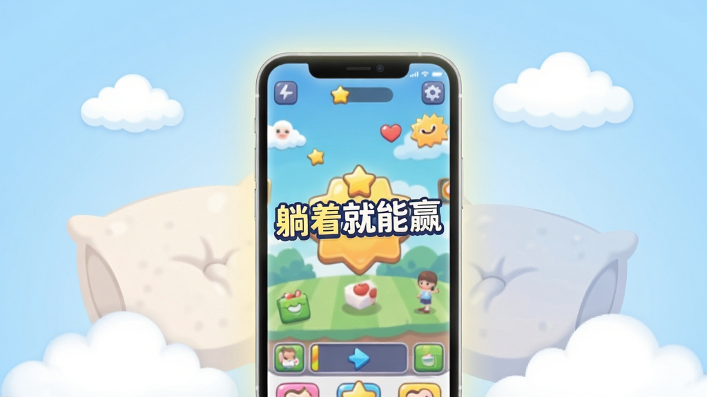画面中央放置一部智能手机,屏幕显示明亮活泼的游戏界面,界面中包含“躺着就能赢”文字标识,手机周围环绕柔软的枕头与云朵元素,整体布局简洁居中,风格为清新卡通扁平化,细节上手机屏幕有柔和光晕,背景为浅蓝渐变,画质清晰干净,无多余元素