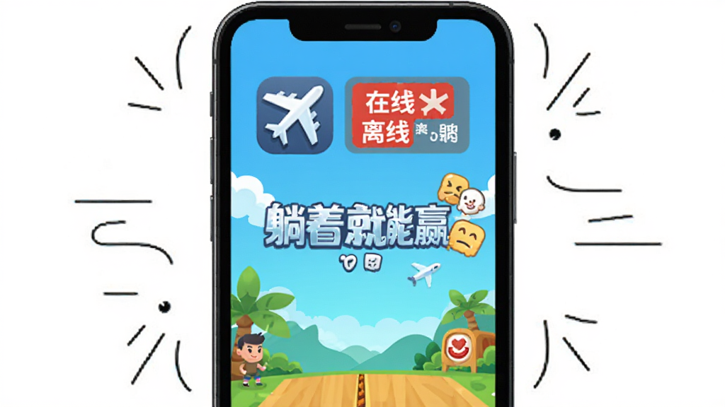 手机屏幕显示“躺着就能赢”游戏画面,屏幕上方有飞机图标和离线标识,布局为手机正面展示、周围有简单线条装饰,风格为扁平化信息图风格,细节上离线标识清晰醒目、游戏画面色彩明快,画质干净整洁,背景为白色,无多余元素