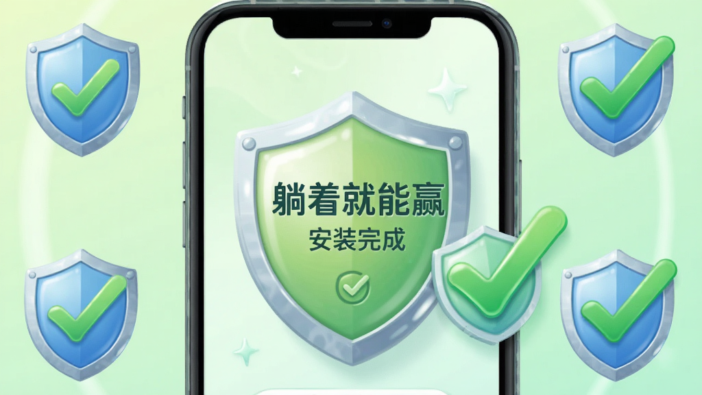 手机屏幕显示“躺着就能赢”安装完成界面,旁边有盾牌图标和勾选标记,布局为手机居中、安全标识环绕,风格为清新安全主题插画,细节上盾牌有光泽感、勾选标记醒目,画质清晰干净,背景为浅绿渐变,无多余元素
