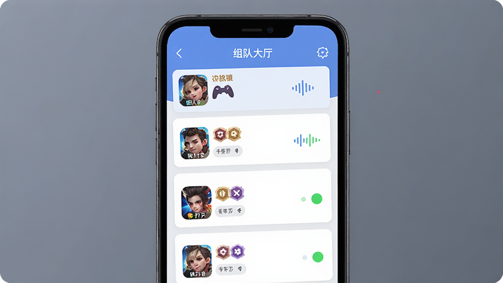 ǧǧ������Ϸ��ӽ���չʾ����������Ϊ�ֻ���Ļ�ڵ���Ӵ����б�������Ϊ����Ƭʽ���У��Ű��������򣬷��Ϊ�ִ���ƽ��UI��ƣ�ϸ�ڰ�����Ϸͼ�ꡢ��λ���¡���������ͼ�ꡢ����״̬Բ�㣬���ʸ���ɾ����޶���װ��Ԫ��