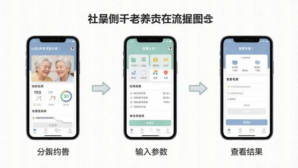 一张手机应用操作流程图,画面以分步形式展示社保养老在线计算从打开首页到输入参数再到查看结果的三个步骤,每一步配有小尺寸手机界面示意,整体风格扁平化,配色柔和,布局清晰,画质干净,无多余元素