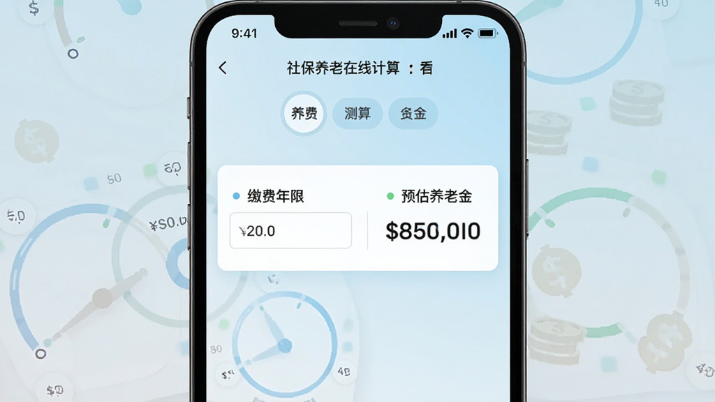 一张展示社保养老在线计算软件主界面的手机屏幕截图,画面中央是简洁的养老金测算仪表盘,左侧显示缴费年限输入框,右侧显示预估养老金金额,背景为淡蓝色渐变,风格清新现代,细节清晰,画质干净,无多余元素