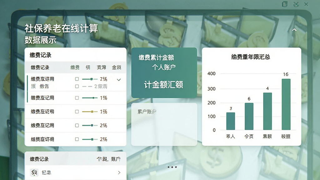 一张社保养老在线计算软件的数据展示页面截图,画面中呈现缴费记录列表和个人账户累计金额汇总卡片,旁边配有简单的柱状图示意缴费年限变化,整体布局清晰,风格清爽素雅,画质干净,无多余装饰元素