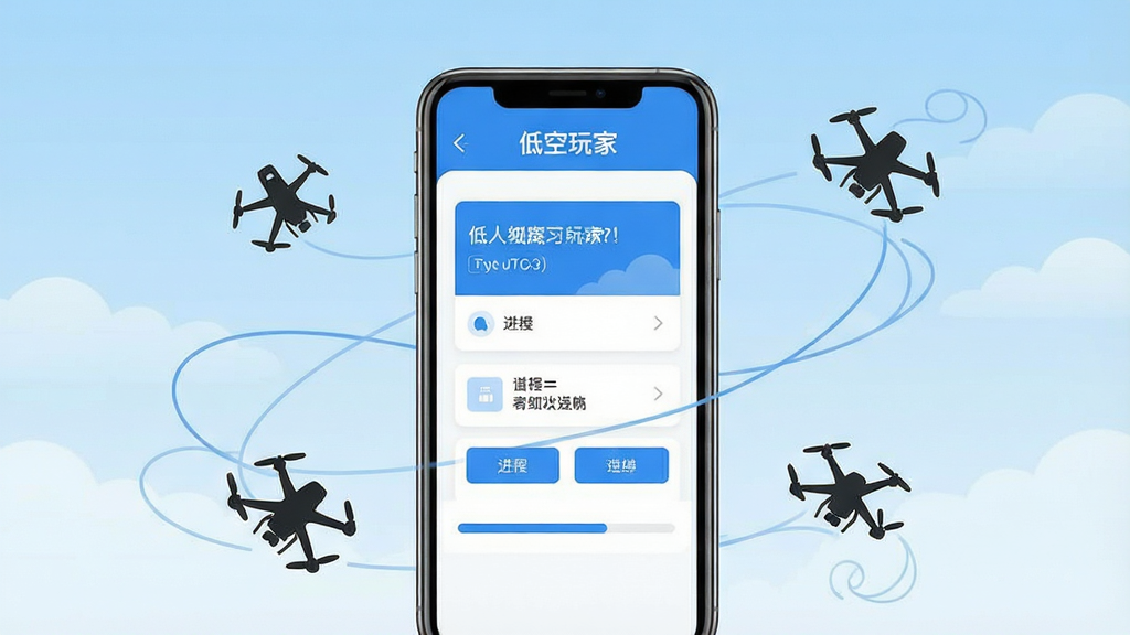 一张手机屏幕展示无人机学习应用界面的场景图,画面中央是一部竖屏智能手机,屏幕内呈现蓝白配色的题库练习页面,顶部有“低空玩家”字样,页面中包含题目卡片、选项按钮与进度条,手机周围环绕着小型无人机剪影与飞行轨迹线条,背景为浅蓝色渐变天空与淡淡云层,整体风格清爽现代、扁平化设计,布局居中对称,细节干净利落,画质清晰锐利,无多余装饰元素