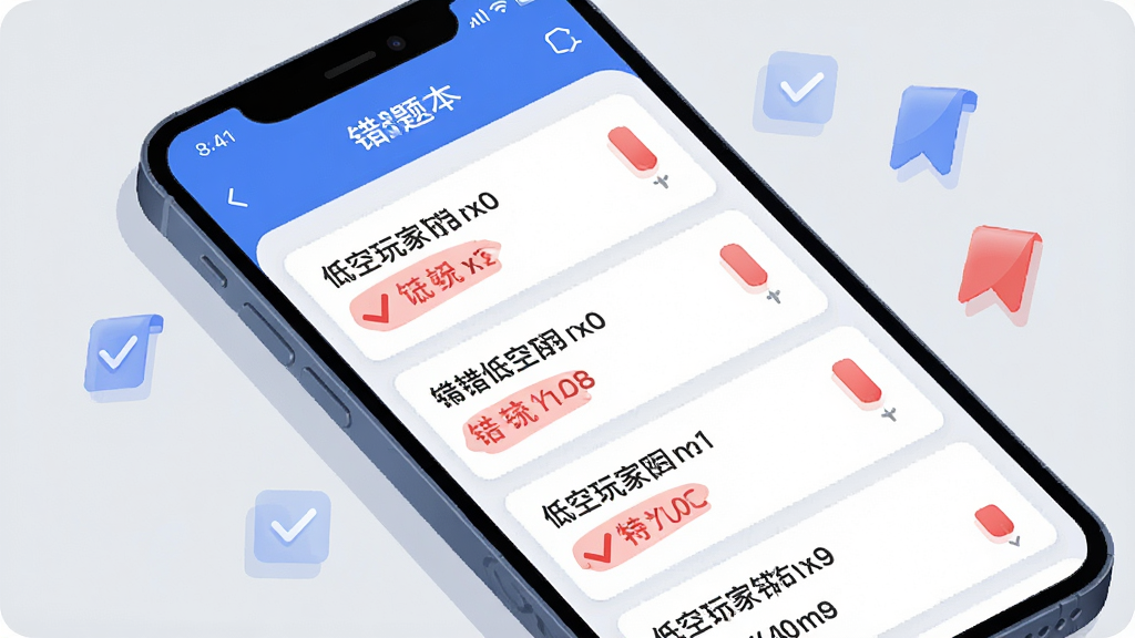 手机屏幕特写画面,展示“低空玩家”应用中的错题本页面,页面内列出多道错题条目并带有红色标记,手机斜放在浅灰色背景上,周围漂浮着半透明的勾选图标与书签图形,风格为简洁的UI展示插画,配色以蓝白红为主,布局清晰,画质干净无杂乱元素