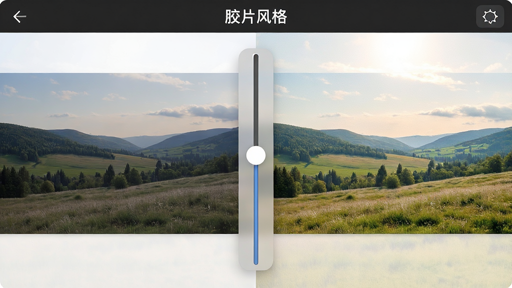 一张Cartan软件滤镜功能展示图,画面左侧为原始风景照片,右侧为应用滤镜后的同一照片,中间有滑动对比条,屏幕上方显示滤镜名称“胶片风格”,整体布局左右对比清晰,风格写实,细节丰富,画质干净