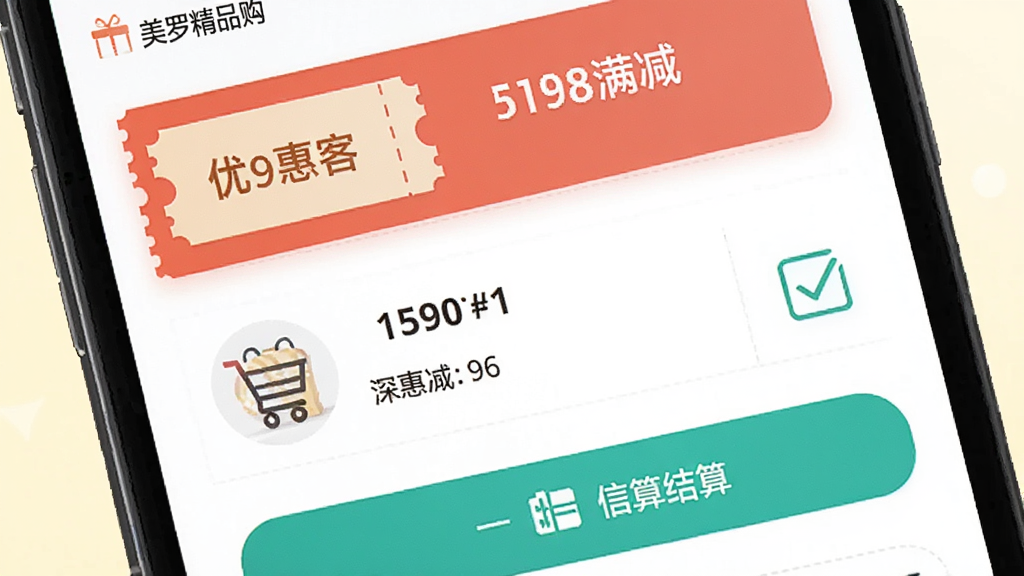 画面展示手机购物车与结算页面,屏幕上有优惠券图标和满减提示,主体为手机界面特写,布局居中,风格明亮活泼,细节包含价格数字、勾选按钮和结算按钮,画质清晰干净,图片中可带有“美罗精品购”文字