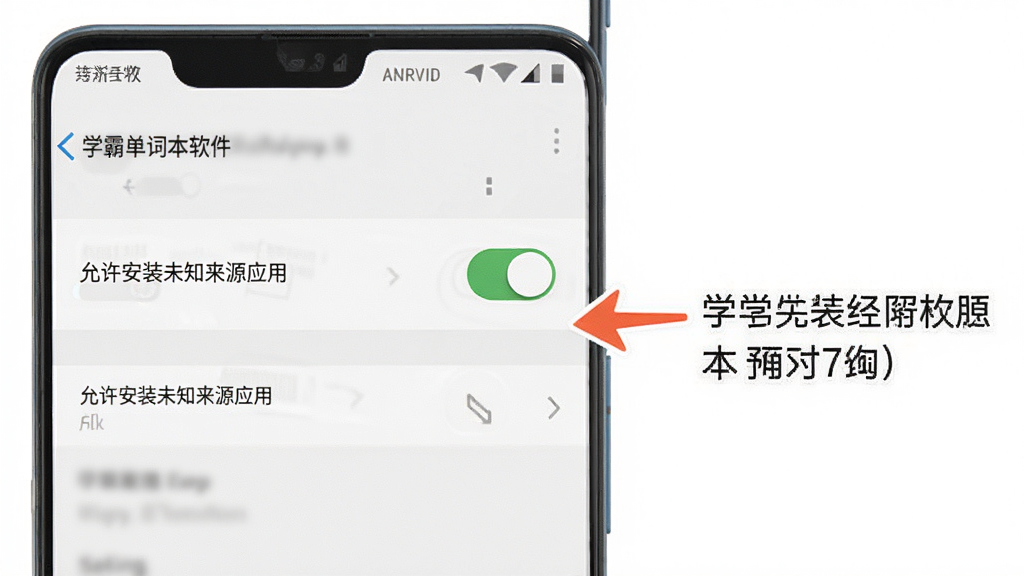 学霸单词本软件在安卓手机上的安装权限设置界面示意图,画面展示手机设置中「允许安装未知来源应用」的开关按钮处于开启状态,旁边有箭头指向说明文字,整体风格简洁明了,适合作为教程配图使用