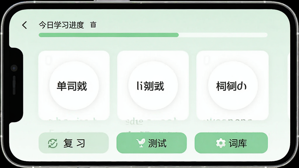 一张展示学霸单词本软件主界面的手机屏幕截图,画面中央是简洁的单词卡片区域,上方显示今日学习进度条,下方排列着复习、测试、词库等功能按钮,整体采用清新浅绿色调,界面干净整洁,无多余装饰元素,高清画质,适合作为软件宣传展示图