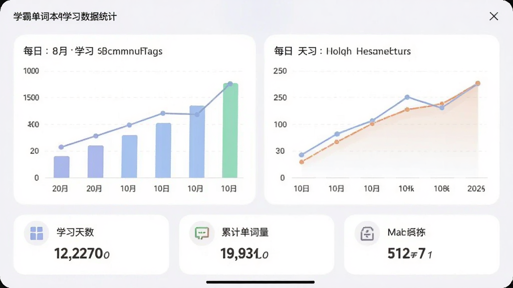 学霸单词本软件学习数据统计页面的手机截图,画面中展示柱状图和折线图结合的学习报告,显示每日学习单词数量趋势和正确率变化,配色柔和清晰,图表下方有学习天数、累计单词量等数据卡片,整体风格专业且易读