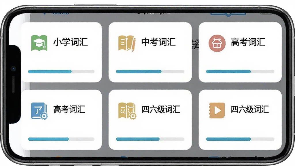 学霸单词本软件内部词库选择界面的手机截图,画面中展示多个词库分类卡片整齐排列,包括小学词汇、中考词汇、高考词汇、四六级词汇等标签,每个卡片带有对应的图标和进度显示,界面风格清爽简约,文字清晰可读,整体布局合理美观