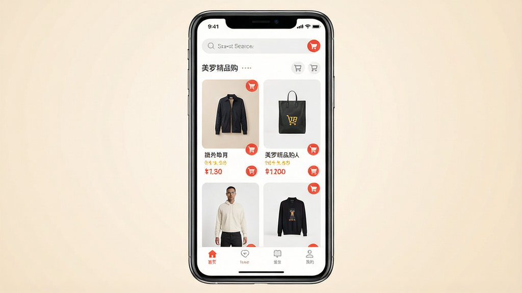 一张手机购物应用界面展示图,画面主体是一部竖屏智能手机,屏幕内呈现美罗精品购应用首页,包含顶部搜索栏、中部商品卡片瀑布流、底部导航栏,整体布局居中对称,背景为浅米色渐变,风格为清爽现代电商风,细节包括商品缩略图、价格标签、购物车图标,画质高清,画面干净,无多余元素