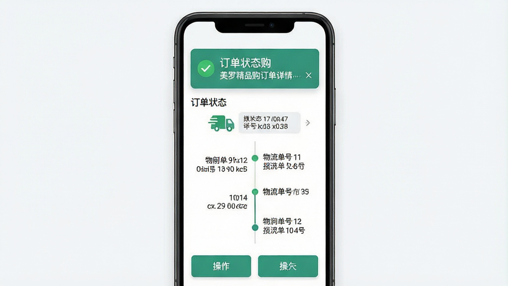 一张手机订单跟踪界面示意图,画面主体为手机屏幕显示美罗精品购订单详情页,布局为顶部订单状态横幅、中部物流时间轴、底部操作按钮,风格为扁平化UI设计风,细节包括绿色对勾图标、快递单号、时间节点文字,画质高清,画面干净,无多余元素