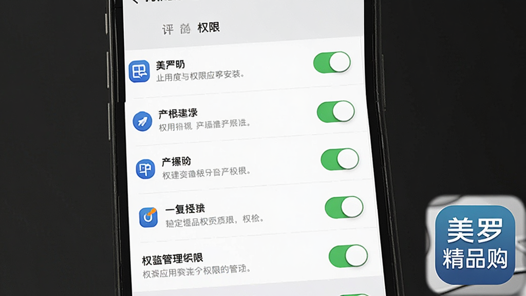 一张手机应用安装与权限设置示意图,画面主体为手机屏幕展示应用权限管理界面,布局为权限列表纵向排列,风格为简洁系统设置风,细节包括开关按钮、权限图标、提示文字,画面角落放置美罗精品购应用图标,画质清晰,画面干净,无多余元素