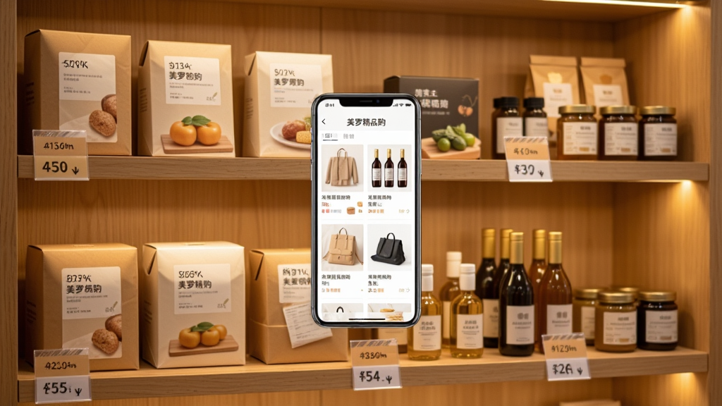 一张电商精选商品陈列场景图,画面主体是木质货架上整齐摆放的各类商品包装盒与瓶罐,布局为三层货架横向排列,风格为温暖生活化摄影风,细节包括商品标签、价格牌、柔和灯光投影,画面中央悬浮手机界面显示美罗精品购商品列表,画质清晰,画面干净,无多余元素
