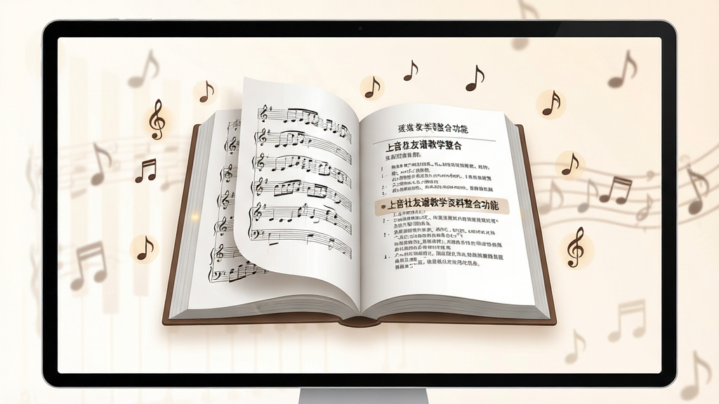 一张展示上音社友谱教学资料整合功能的图片,画面主体为一本虚拟翻开的电子书悬浮在屏幕中央,书页左侧显示乐谱线条,右侧显示文字说明条目,周围有细小的音符图标点缀,布局上书本居中,背景为柔和的暖白色渐变,风格简洁学术,细节包括书页翻折的弧度、文字排版的整齐度、音符图标的轻盈感,画质清晰干净,无杂乱元素